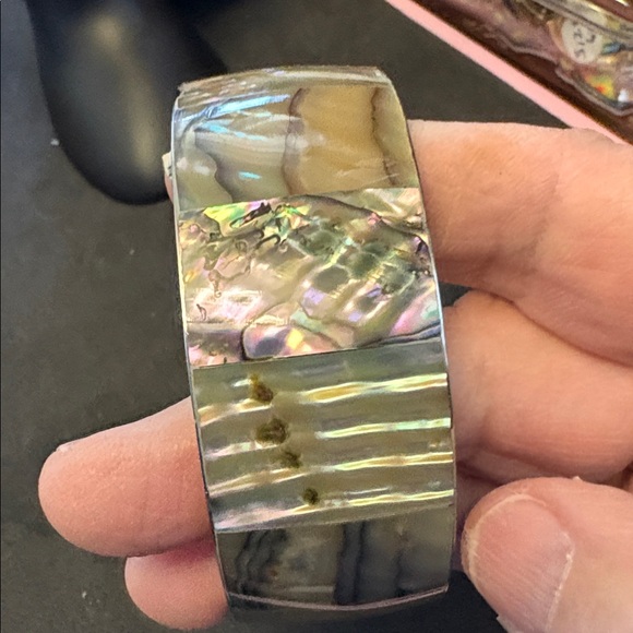 Silver Plated Iridescent Abalone Shell Bangle Bracelet - Picture 9 of 9